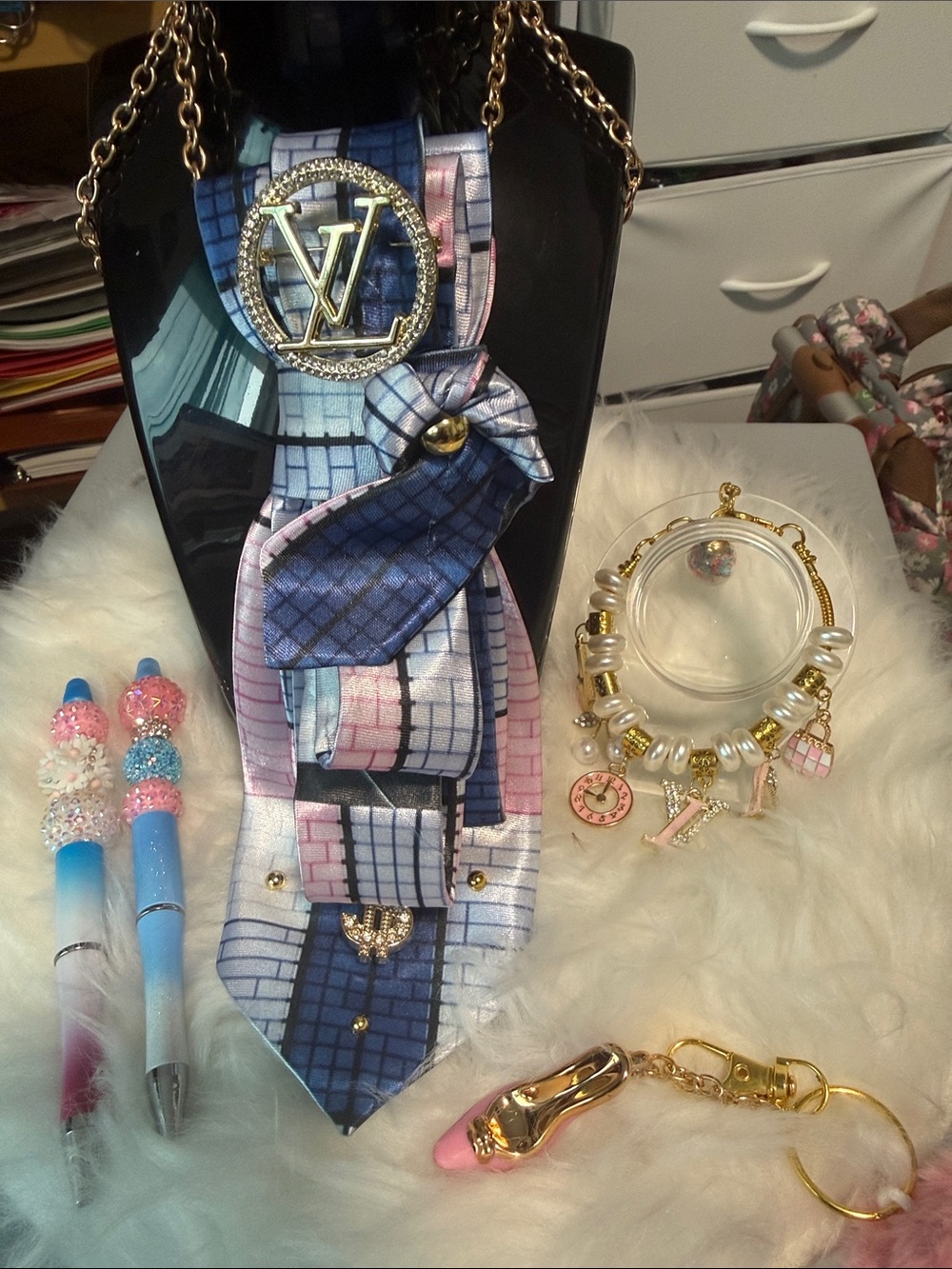 Louis Vuitton Inspired Blue/Pink Junk Tie Necklace with LV Medallion